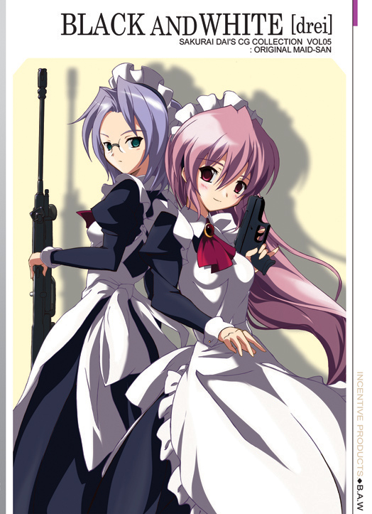 sakurai dai, original, 2girls, combat maid, gun, handgun, maid, multiple girls, pistol, rifle, weapon