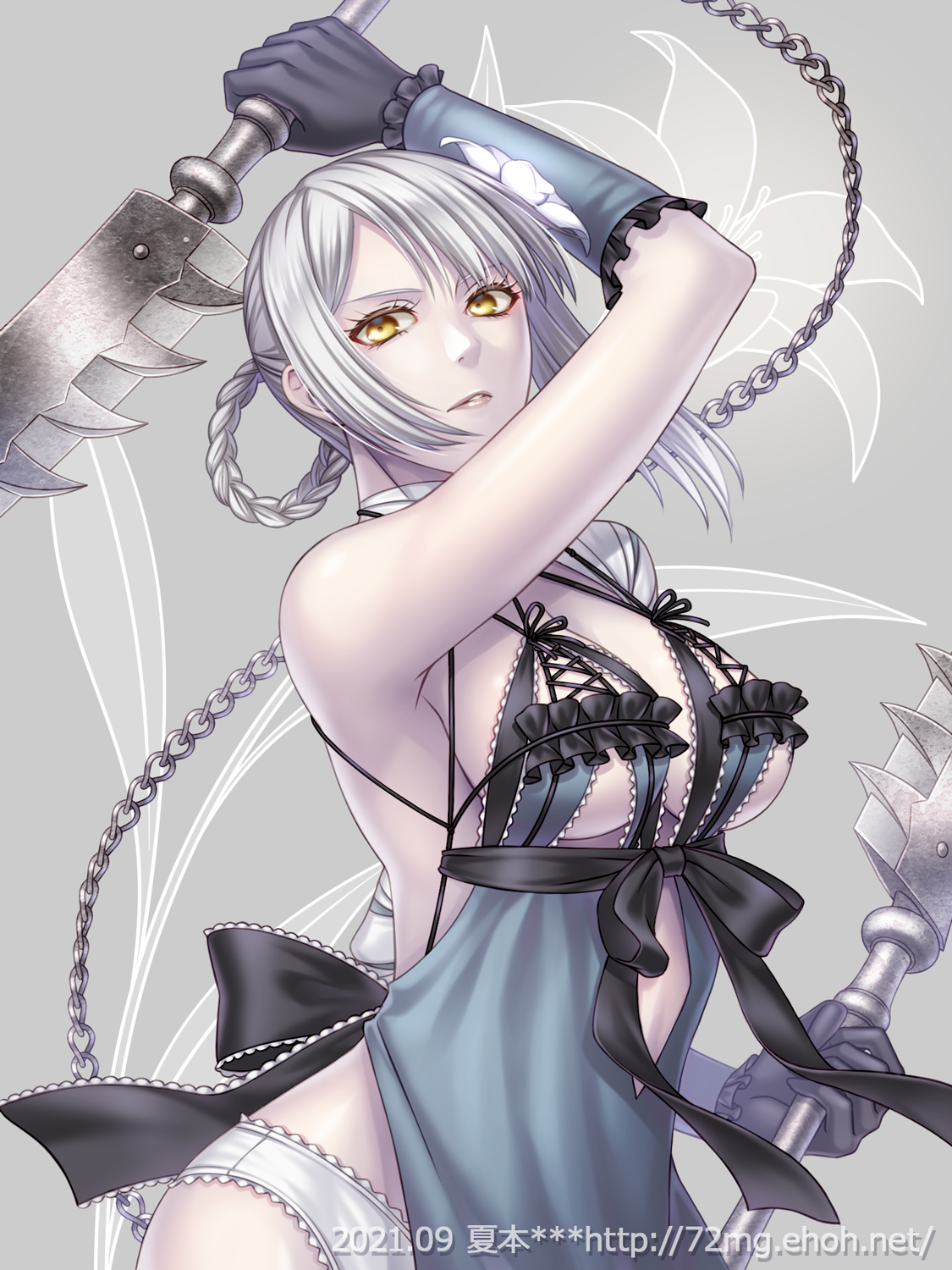 natsumoto, kaine (nier), nier, nier (series), highres, 1girl, bandaged arm, bandaged leg, bandages, black gloves, braid, breasts, flower, gloves, grey hair, hair flower, hair ornament, lingerie, looking at viewer, negligee, panties, short hair, solo, sword, underwear, weapon, white hair