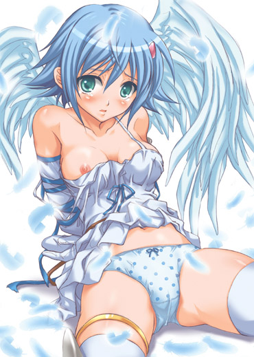 takumi namuchi, angel of light nanael, nanael (queen's blade), queen's blade, 00s, 1girl, angel, angel wings, asymmetrical wings, blue hair, breasts, camisole, female focus, lingerie, nipples, panties, polka dot, polka dot panties, solo, thighhighs, underwear, wings