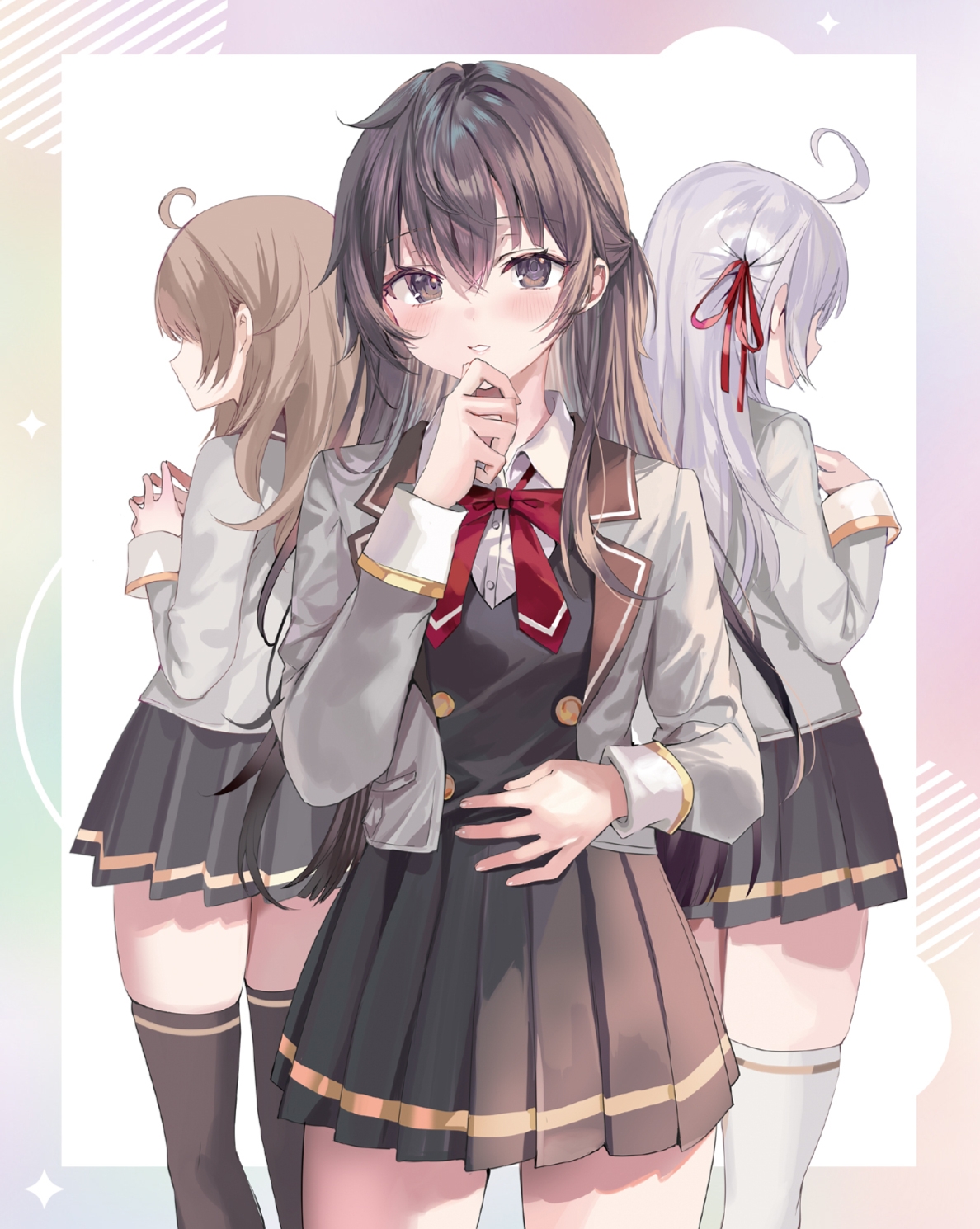 momoko (momopoco), alisa mikhailovna kujou, mariya mikhailovna kujou, suou yuki, tokidoki bosotto roshia-go de dereru tonari no alya-san, highres, official art, 3girls, ahoge, black eyes, black hair, black skirt, black socks, black thighhighs, black vest, blazer, blush, bowtie, breasts, brown jacket, collared shirt, dot nose, female focus, fingers touching, from behind, grey hair, hair ornament, hair ribbon, hand on own chin, jacket, long hair, long sleeves, looking at viewer, miniskirt, multiple girls, open mouth, pleated skirt, red bow, red bowtie, red ribbon, ribbon, school uniform, seiren academy school uniform, shirt, shirt under vest, siblings, sisters, skirt, small breasts, socks, teeth, thighhighs, vest, white shirt, white thighhighs, zettai ryouiki