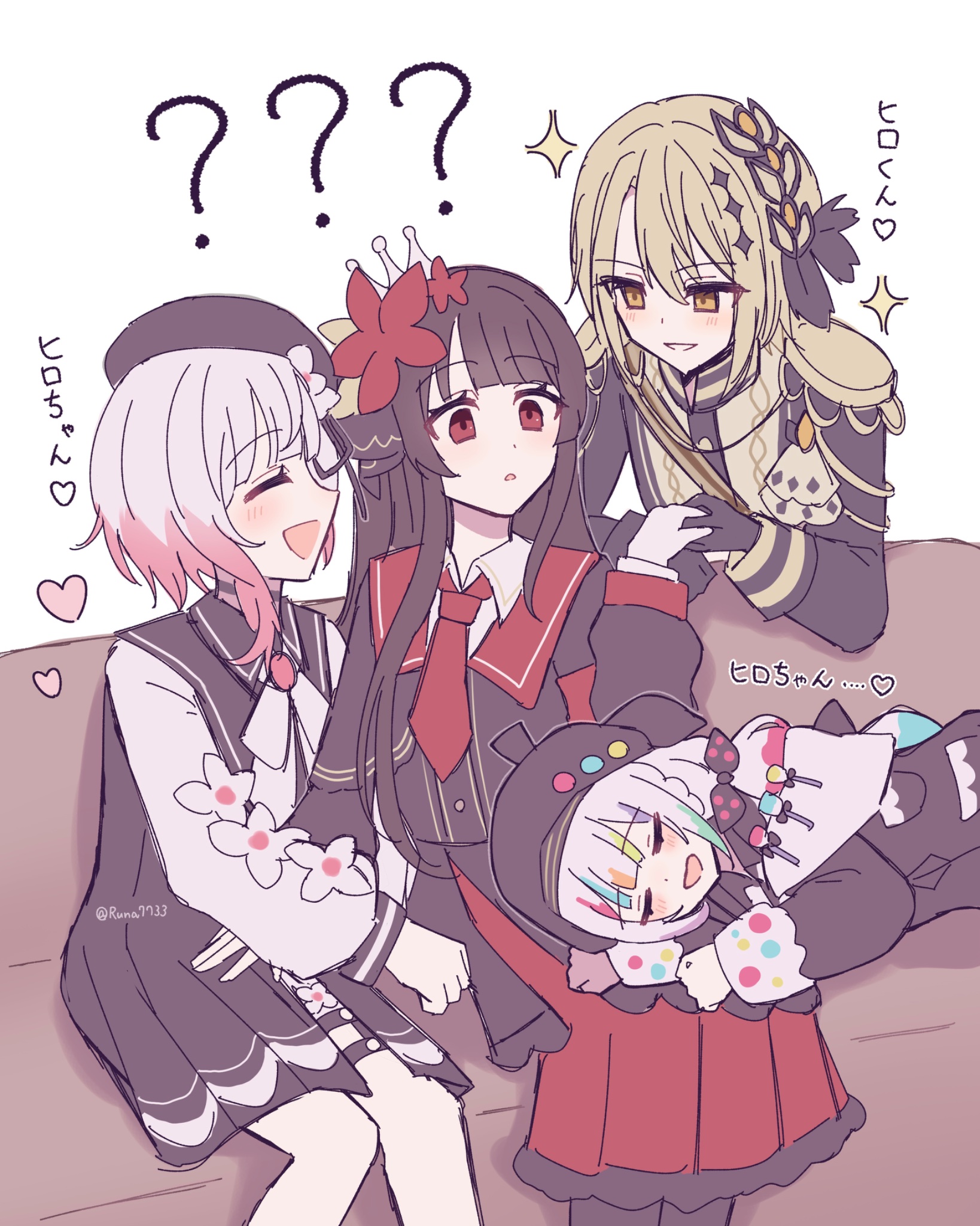 runa (runa7733), jougasaki noa, nikaidou hiro, sakuraba ema, mahou shoujo no majo saiban, highres, partially translated, translation request, 4girls, arm hug, beret, black hair, blonde hair, closed eyes, coach, flower, hair flower, hair ornament, harem, hasumi reia, hat, hime cut, holding hands, lap pillow, magical girl, multicolored hair, multiple girls, open mouth, red flower, short hair, sitting, smile, yellow eyes, yuri