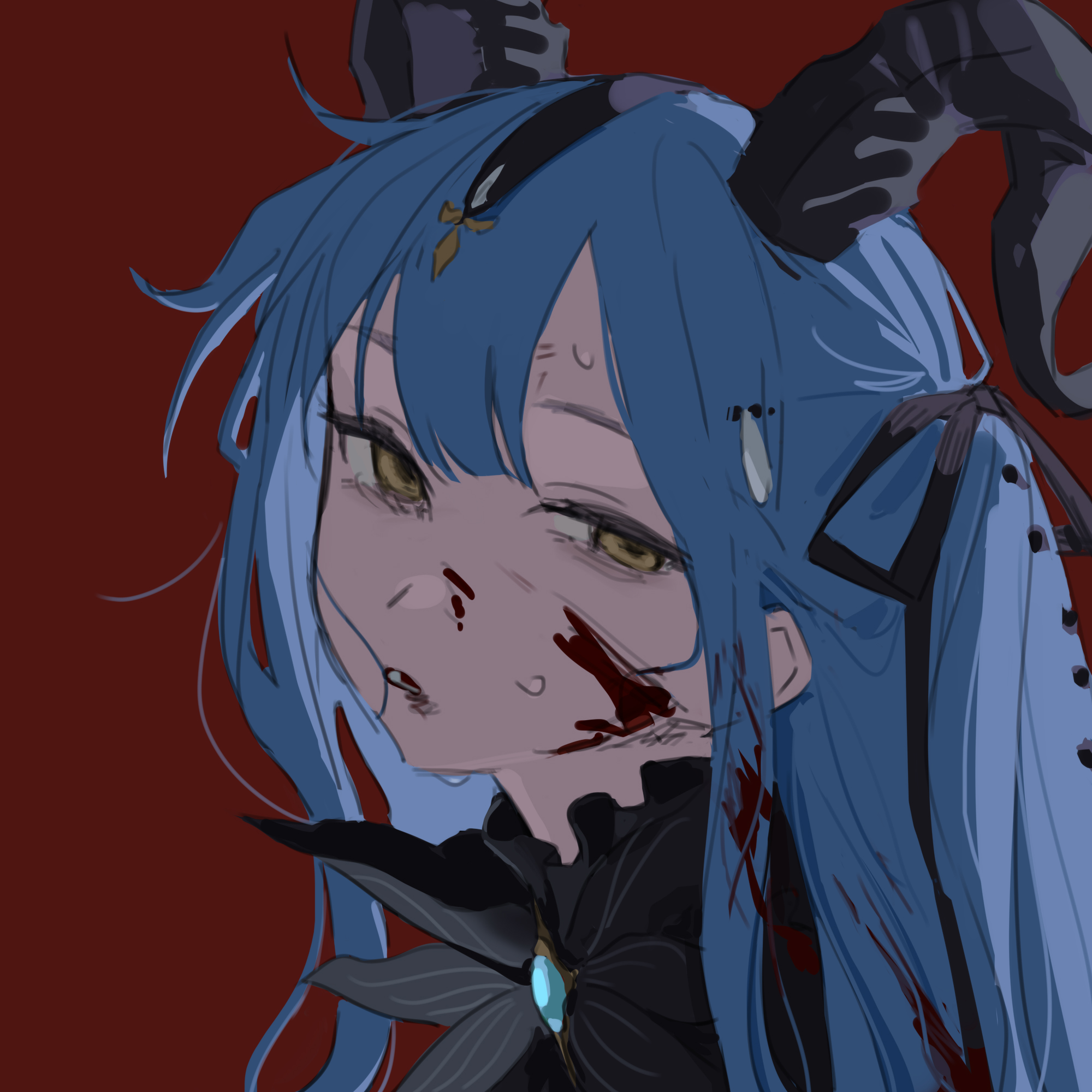 longshengyan, togawa sakiko, togawa sakiko (master of melodia), arknights, bang dream!, bang dream! it's mygo!!!!!, chinese commentary, commentary request, highres, 1girl, black horns, black ribbon, blood, blood on face, blue hair, bruise, bruise on face, curled horns, detached collar, hair ribbon, horns, injury, long hair, looking at viewer, red background, ribbon, sidelocks, simple background, solo, sweat, two side up, uneven eyes, upper body, yellow eyes