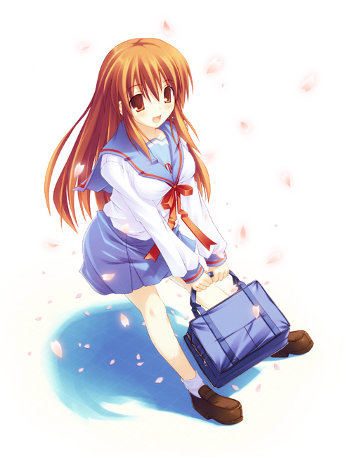 fujiwara tooya, asahina mikuru, suzumiya haruhi no yuuutsu, 00s, 1girl, bag, blue skirt, brown shoes, female focus, full body, holding, loafers, long hair, long sleeves, looking at viewer, neckerchief, orange eyes, orange hair, pleated skirt, red ribbon, ribbon, sailor collar, school bag, school uniform, serafuku, shoes, simple background, skirt, smile, solo, white background