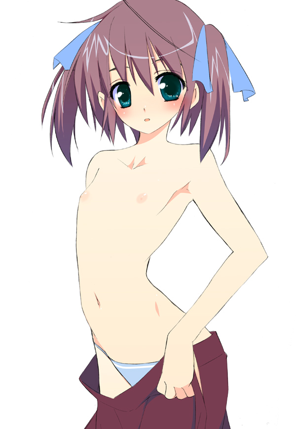 kusaka souji, armpits, blush, flat chest, nipples, panties, short hair, solo, topless female, twintails, underwear, undressing
