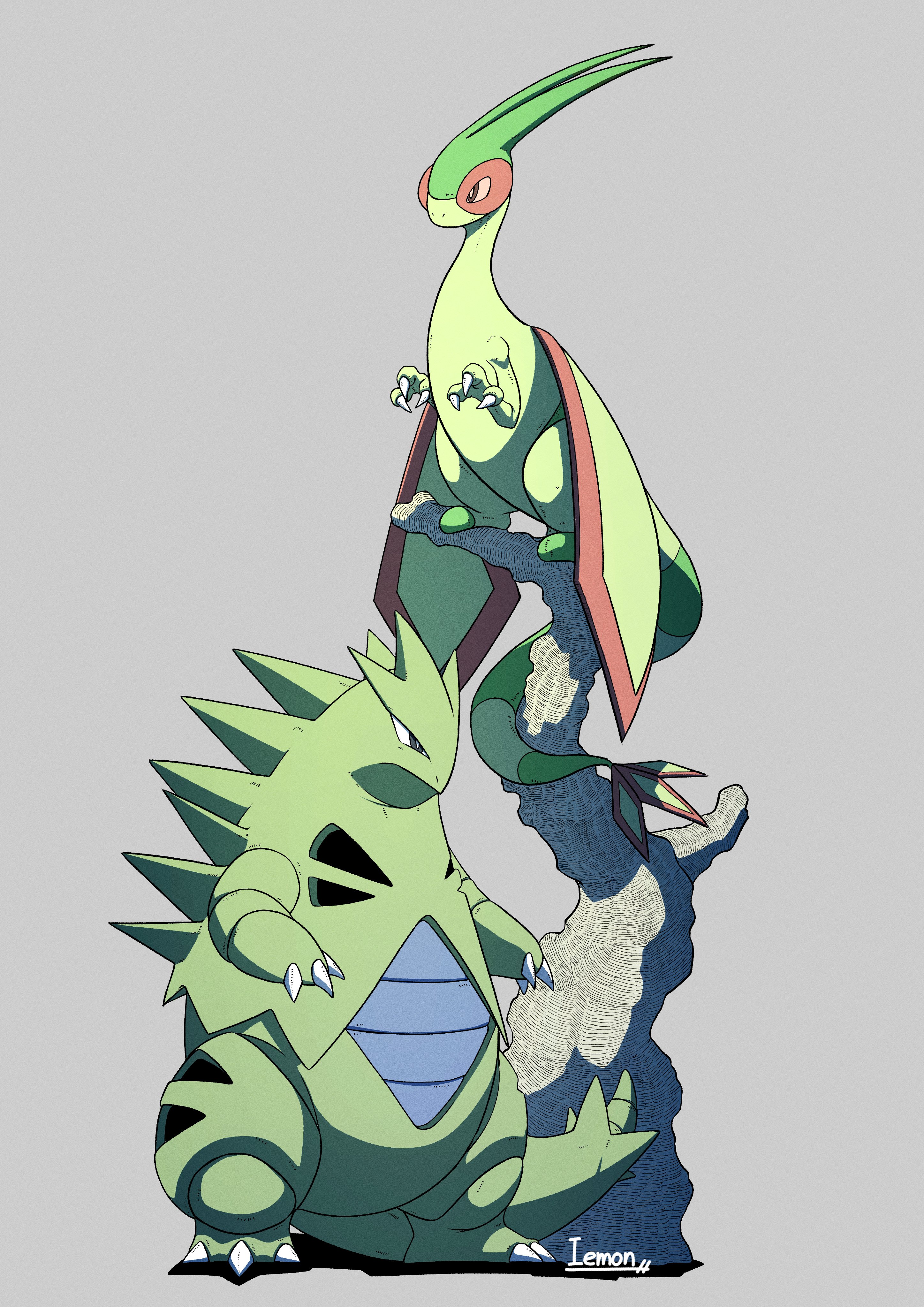 flygon, tyranitar, nintendo, pokemon, absurdres, highres, claws, closed mouth, dragon, full body, gen 2 pokemon, gen 3 pokemon, green wings, iemon0248, no humans, perched, pokemon (creature), pokemon focus, red eyes, simple background, spikes, tail, wings