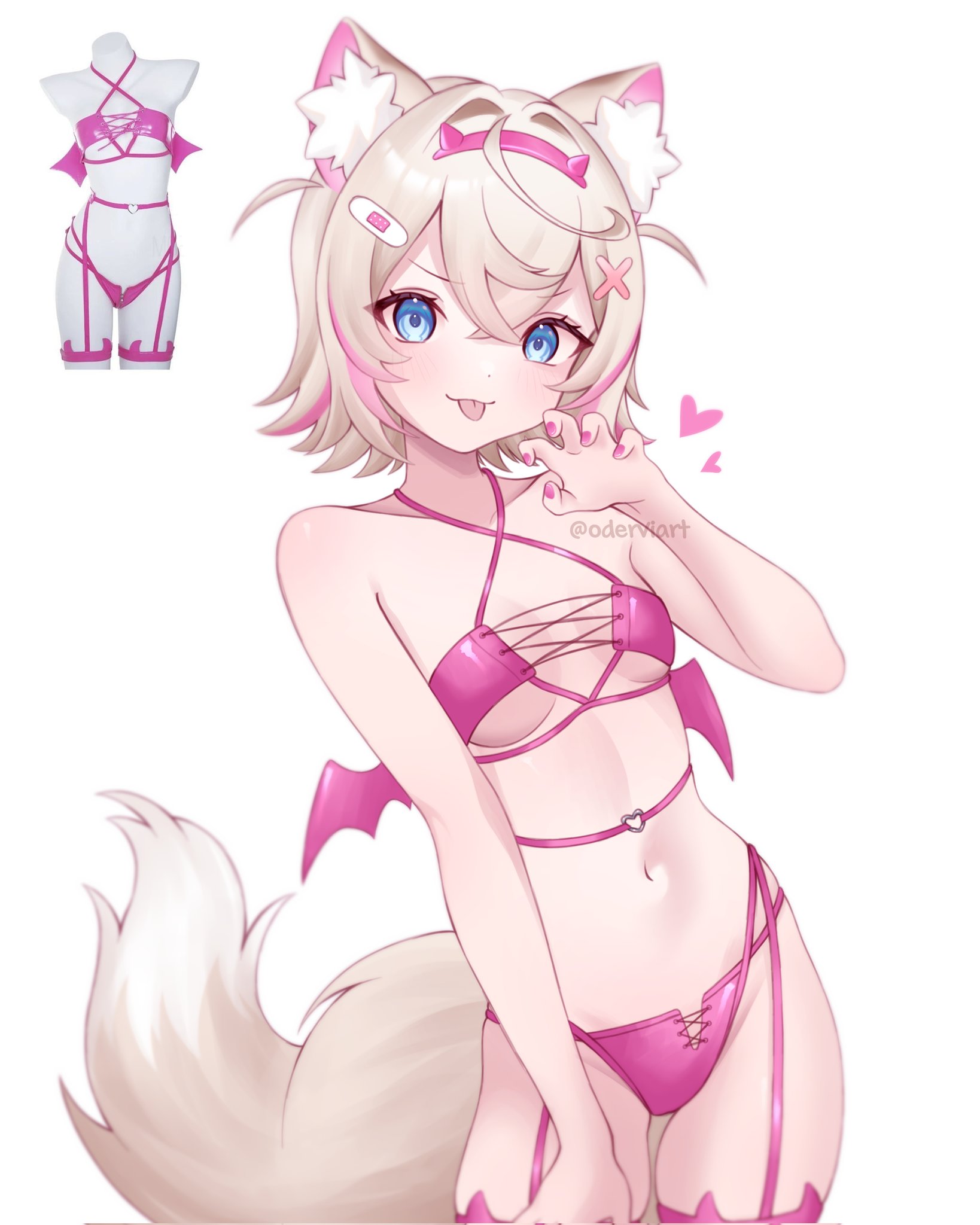 mococo abyssgard, hololive, hololive english, commentary, english commentary, highres, 1girl, ahoge, animal ear fluff, animal ears, bandaid, bandaid hair ornament, bat wings, blonde hair, blue eyes, breasts, claw pose, crossed bangs, dog ears, dog girl, dog tail, fake wings, hair between eyes, hair intakes, hair ornament, hairband, headband, heart, horn hairband, lingerie, looking at viewer, multicolored hair, nail polish, navel, oderviart, photo inset, pink hairband, pink nails, pink streaks, reference inset, short hair, sidelocks, small breasts, streaked hair, tail, tongue, tongue out, twitter username, underboob, underwear, virtual youtuber, white background, wings, x hair ornament
