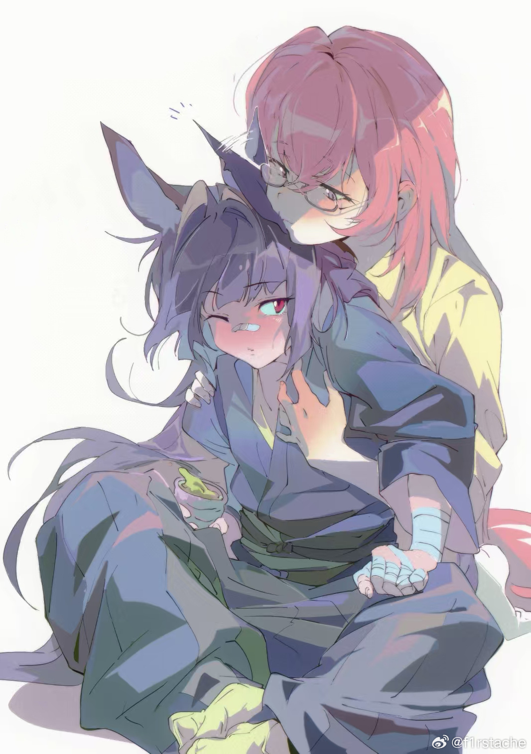 hoshimi miyabi, tsukishiro yanagi, zenless zone zero, highres, 2girls, alternate costume, animal ears, artist name, black hair, blunt bangs, blush, closed mouth, f1rstache, fox ears, fox girl, glasses, hair between eyes, hug, hug from behind, long hair, looking at another, multiple girls, pink eyes, pink hair, red eyes, sidelocks, simple background, sitting, smile, watermark, weibo watermark, yuri