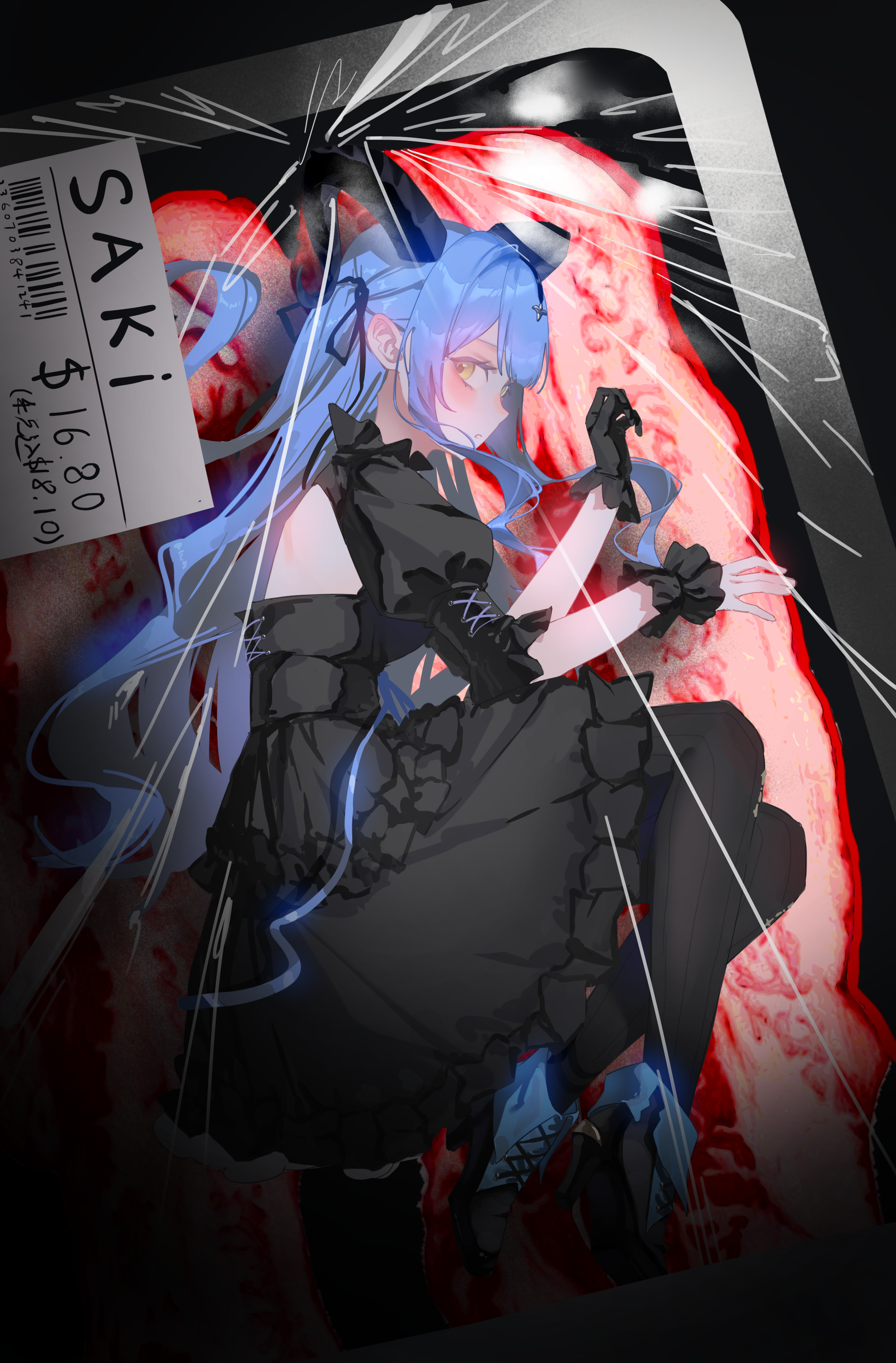 macha bafei, togawa sakiko, togawa sakiko (master of melodia), arknights, bang dream!, bang dream! it's mygo!!!!!, absurdres, commentary, highres, 1girl, black boots, black dress, black gloves, black horns, black pantyhose, black ribbon, blue hair, boots, curled horns, dollar sign, dress, food packaging, frilled dress, frills, from above, full body, gloves, hair ribbon, horns, long hair, looking at viewer, lying, on side, pantyhose, plastic wrap, price tag, raw meat, ribbon, sidelocks, single glove, solo, wrapped up, wrist cuffs, yellow eyes