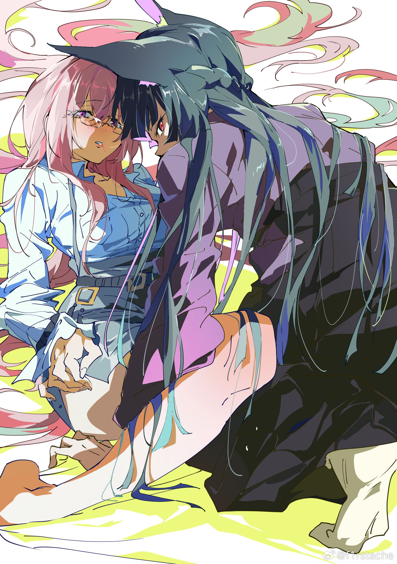 hoshimi miyabi, tsukishiro yanagi, zenless zone zero, highres, 2girls, alternate costume, animal ears, artist name, black hair, black skirt, blunt bangs, blush, dress shirt, f1rstache, fox ears, fox girl, glasses, hair between eyes, high-waist skirt, long hair, looking at viewer, multiple girls, parted lips, pencil skirt, pink eyes, pink hair, shirt, sidelocks, sitting, skirt, watermark, weibo watermark, white shirt, yuri