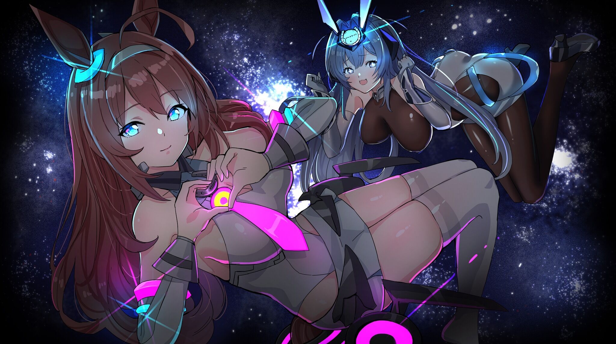 krdsan, mihono bourbon (umamusume), new jersey (azur lane), azur lane, umamusume, highres, 2girls, animal ears, bodystocking, crossover, dress, heart, heart hands, horse ears, horse girl, long hair, mihono bourbon (mb-19890425) (umamusume), multiple girls, rabbit ears, star (sky)