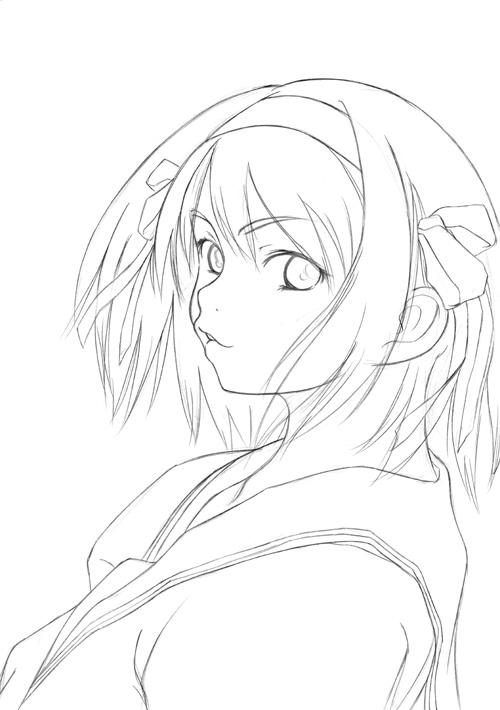 osuzu akiomi, suzumiya haruhi, suzumiya haruhi no yuuutsu, eyebrows, 00s, 1girl, female focus, greyscale, hairband, long sleeves, looking at viewer, monochrome, sailor collar, school uniform, serafuku, short hair, simple background, solo, upper body, white background