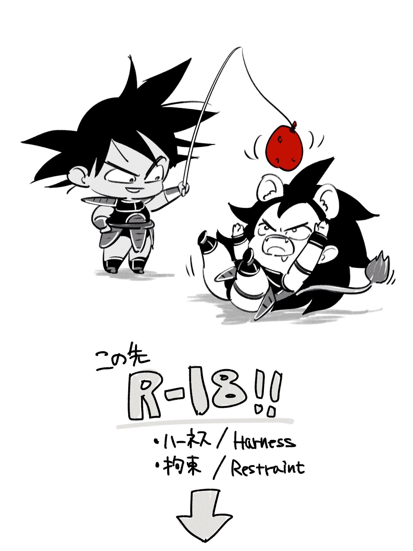 aco rz, raditz, tullece, dragon ball, dragonball z, 2boys, angry, animal ears, arm strap, armlet, armor, arms up, arrow (symbol), ass, bare arms, bare legs, big hair, boots, breastplate, bulge, chibi, drooling, english text, fang, fangs, fishing rod, food, fruit, full body, greyscale, grin, hand on own hip, hands up, holding, holding fishing rod, jewelry, kemonomimi mode, legs up, limited palette, lion boy, lion ears, lion tail, long hair, looking at another, looking down, looking up, lying, male focus, male underwear, monochrome, motion lines, multiple boys, no pants, on back, open mouth, pauldrons, pelvic curtain, shadow, sharp teeth, short hair, shoulder armor, shoulder pads, simple background, sleeveless, smile, spiked hair, spot color, standing, symbol, tail, teeth, text focus, thigh strap, thighlet, underwear, upper teeth only, v-shaped eyebrows, very long hair, white background, wristband