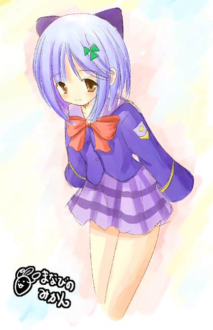 sakura mikan (chirizakura), inamori mika, gakuen utopia manabi straight!, 00s, 1girl, blue hair, blush, bow, closed mouth, female focus, hair ornament, legs, looking at viewer, medium hair, plaid clothes, plaid skirt, school uniform, skirt, solo, standing, yellow eyes