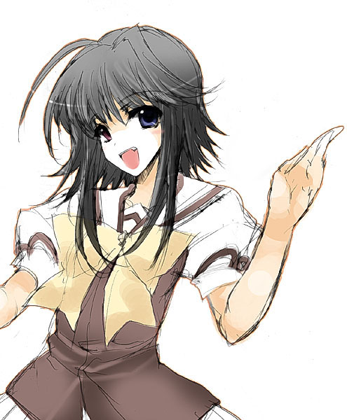 aoguu, mayumi thyme, shuffle!, 00s, 1girl, ahoge, black hair, blush, bow, bowtie, brown dress, brown eyes, dress, female focus, looking at viewer, puffy short sleeves, puffy sleeves, short hair, short sleeves, simple background, solo, white background, yellow bow, yellow bowtie