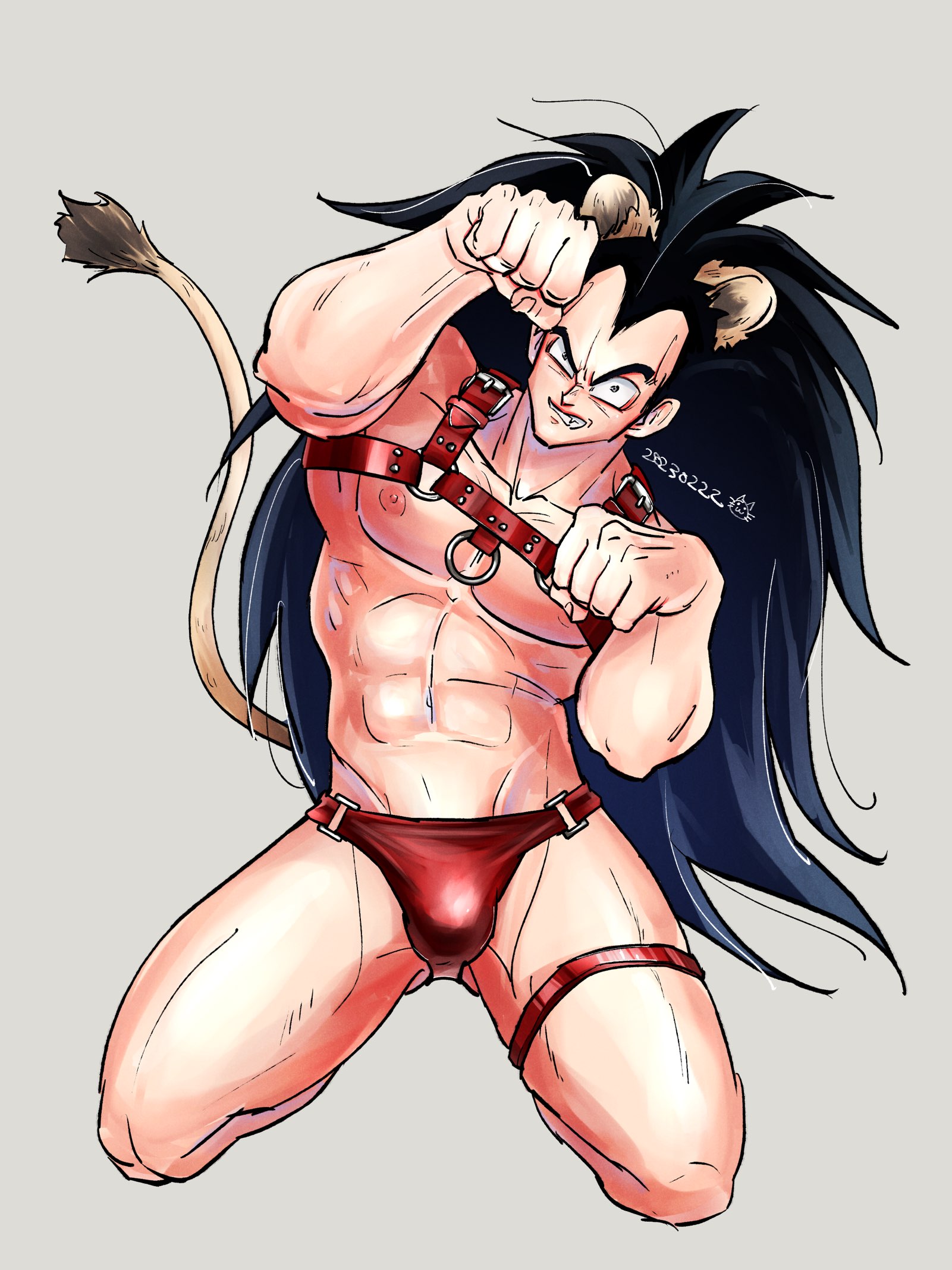 aco rz, raditz, dragon ball, dragonball z, 1boy, abs, angry, animal ears, arms up, bara, bare arms, bare legs, bare pectorals, bare shoulders, belt bra, biceps, big hair, black eyes, black hair, brown fur, buckle, bulge, chest harness, clenched hands, clenched teeth, collarbone, dated, fang, fangs, fingernails, frown, full body, gluteal fold, grey background, grin, hands up, harness, jewelry, kemonomimi mode, kneeling, large pectorals, leaning, leaning to the side, leather, lion boy, lion ears, lion tail, long hair, looking at viewer, male focus, male underwear, mature male, muscular, muscular male, navel, nipples, no pants, o-ring, o-ring top, panties, paw pose, pectorals, red male underwear, red panties, red strap, red straps, seiza, sharp teeth, simple background, sitting, smile, snarl, solo, spiked hair, stomach, strap, tail, tail raised, teeth, thick eyebrows, thick thighs, thigh strap, thighlet, thighs, toned, toned male, topless male, underwear, underwear only, uneven eyes, v-shaped eyebrows, very long hair