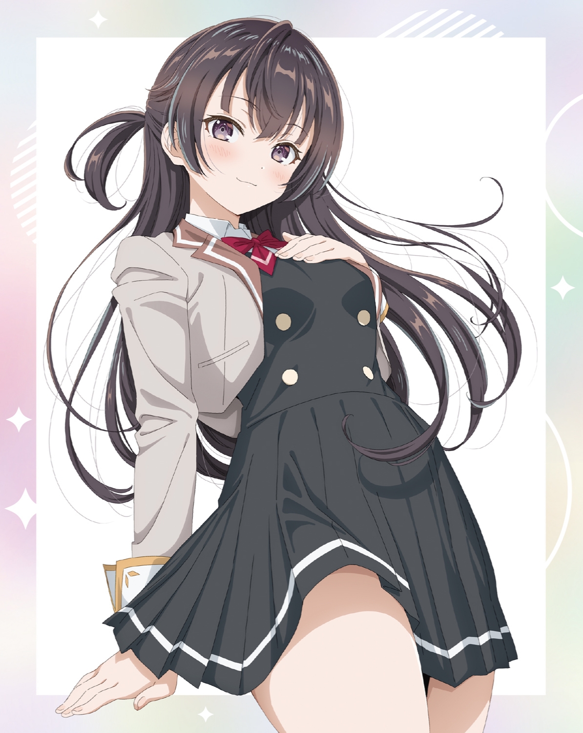 momoko (momopoco), suou yuki, tokidoki bosotto roshia-go de dereru tonari no alya-san, highres, official art, 1girl, black eyes, black hair, black skirt, black vest, blazer, blush, bowtie, breasts, brown jacket, closed mouth, collared shirt, dot nose, female focus, hand on own chest, jacket, legs, long hair, long sleeves, looking at viewer, medium breasts, miniskirt, pleated skirt, red bow, red bowtie, school uniform, seiren academy school uniform, shirt, shirt under vest, skirt, smile, solo, solo focus, thighs, thighs focus, vest, white shirt