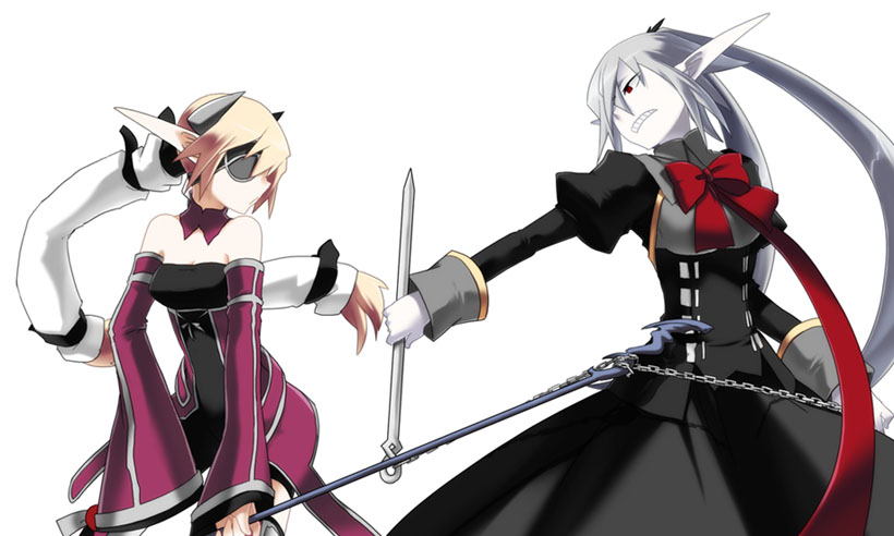 kurose, kuze (ira), original, silver hair, 2girls, bare shoulders, bow, bowtie, coat, creature, detached collar, detached sleeves, eyepatch, long sleeves, multiple girls, outdoors, pointy ears, ponytail, red bow, red bowtie, simple background, standing, white background