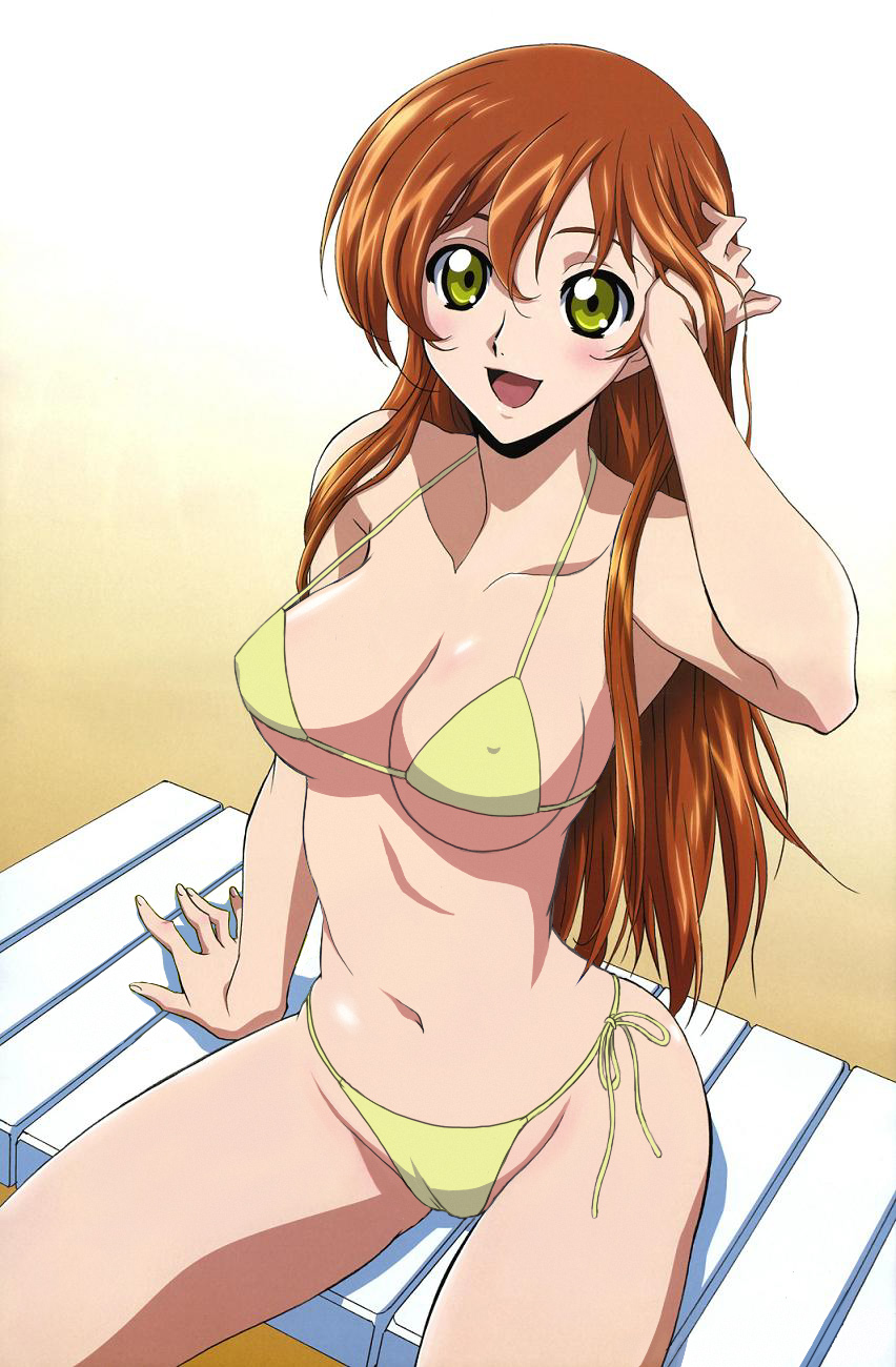 shingou yasushi, shirley fenette, code geass, highres, third-party edit, 00s, 1girl, bikini, blush, breasts, brown hair, cameltoe, cleavage, covered erect nipples, female focus, green eyes, long hair, open mouth, side-tie bikini bottom, sitting, solo, swimsuit, yellow bikini