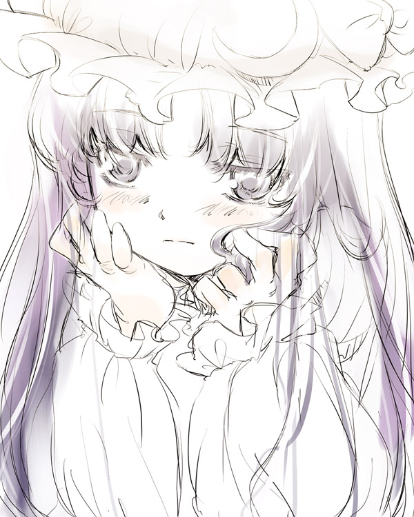 yuu (kfc), patchouli knowledge, touhou, 1girl, female focus, monochrome, sketch, solo