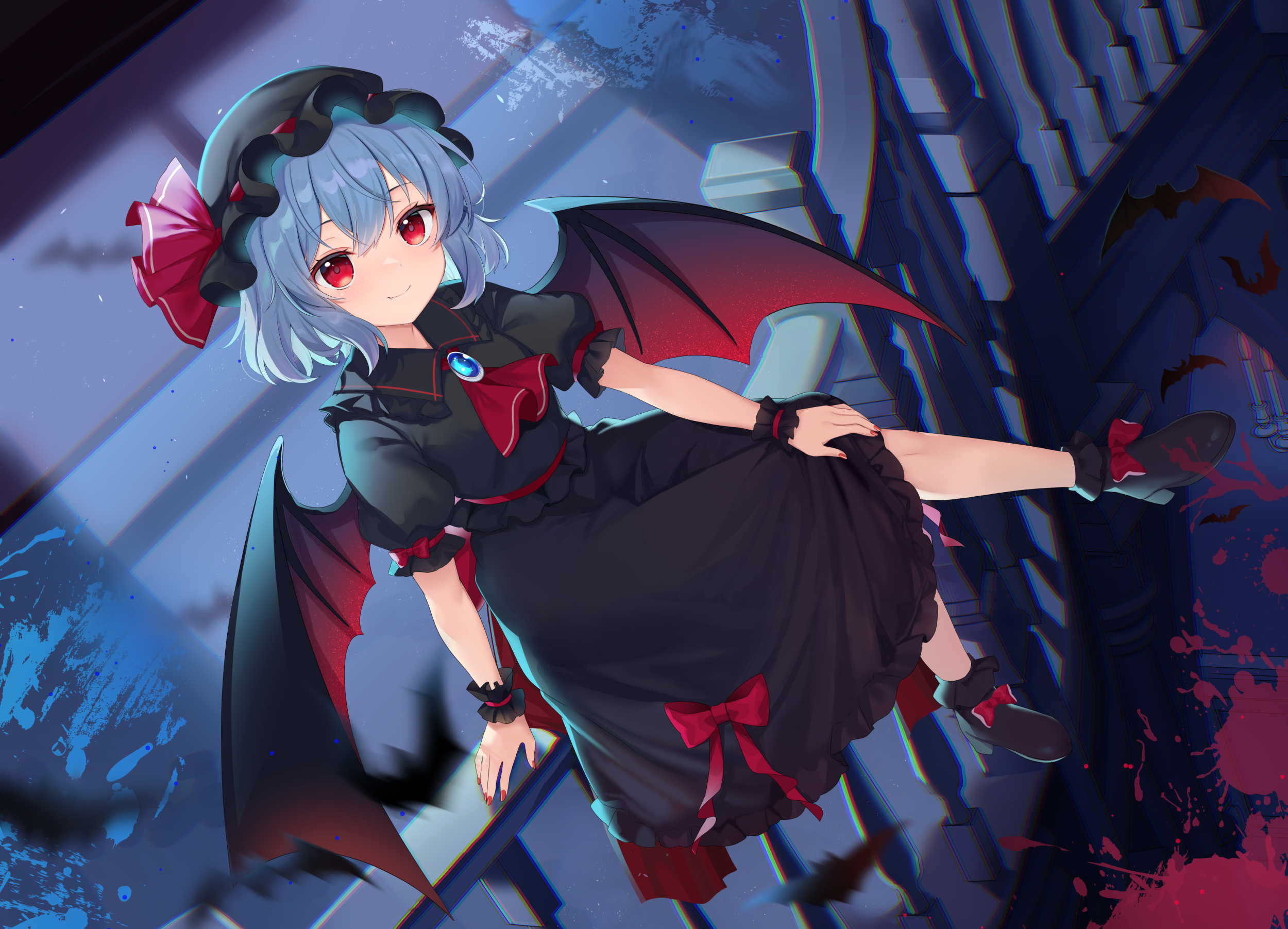 ruhika, remilia scarlet, touhou, commentary request, highres, 1girl, alternate color, ascot, bat wings, black hat, black shirt, black shoes, black skirt, black socks, blue hair, bobby socks, bow, bow skirt, brooch, closed mouth, collared shirt, double-parted bangs, frilled shirt collar, frills, full body, hat, jewelry, mob cap, on railing, puffy short sleeves, puffy sleeves, railing, red ascot, red bow, red eyes, red nails, shirt, shoes, short hair, short sleeves, sitting, skirt, smile, socks, solo, wings, wrist cuffs