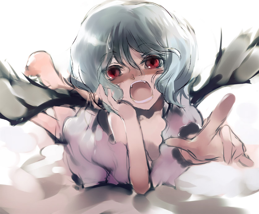nokishita, remilia scarlet, touhou, 1girl, barefoot, bat wings, fangs, female focus, foreshortening, open mouth, red eyes, solo, white background, wings