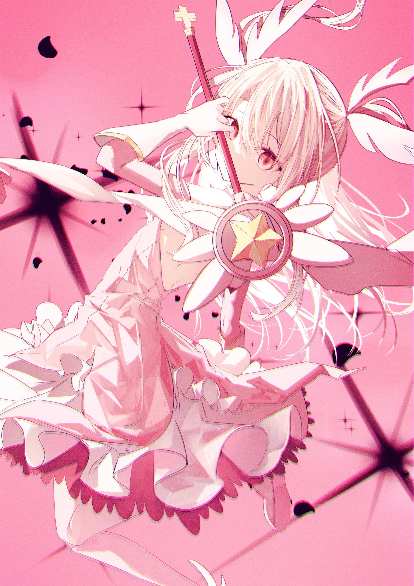 yagi (yagi5art), illyasviel von einzbern, prisma illya, fate/kaleid liner prisma illya, fate (series), highres, 1girl, detached sleeves, dress, elbow gloves, feather hair ornament, feathers, from side, gloves, hair between eyes, hair ornament, holding, holding staff, long hair, magical girl, pink dress, red eyes, sidelocks, solo, staff, twintails, white gloves, white hair