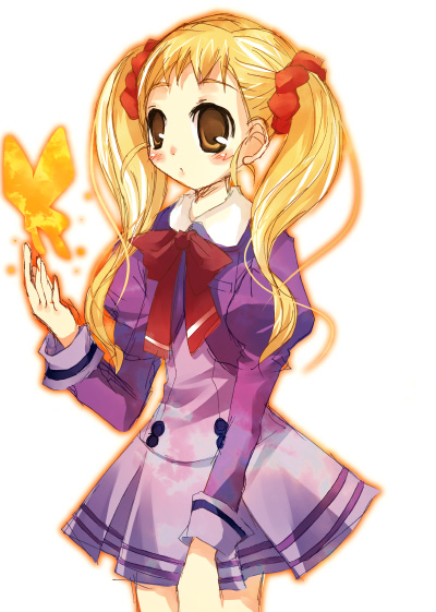 suzushiro kurumi, kasugano urara (yes! precure 5), precure, yes! precure 5, 00s, 1girl, blonde hair, bow, bug, butterfly, female focus, insect, long hair, purple skirt, ribbon, school uniform, serafuku, skirt, solo, twintails, white background, yellow eyes