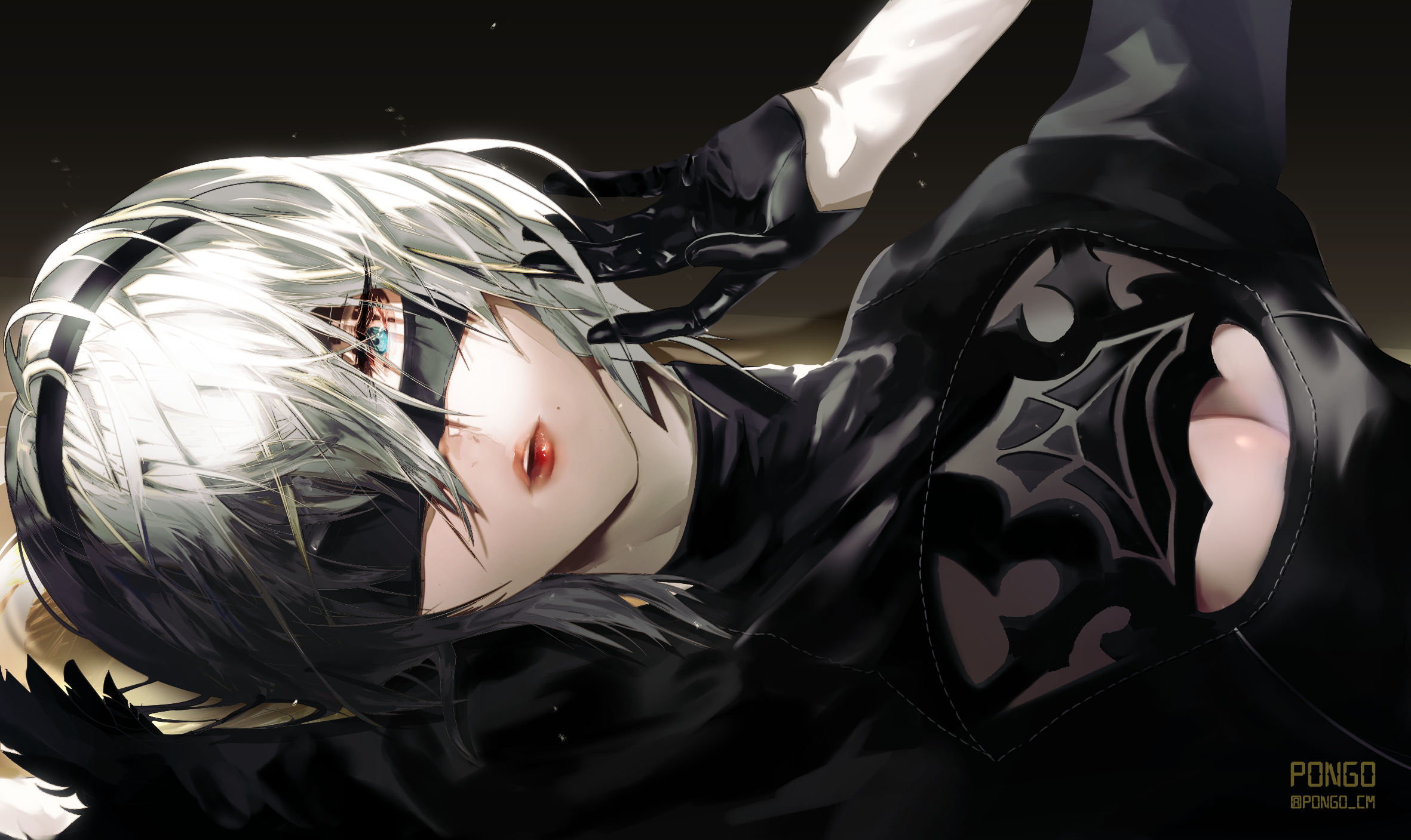 2b (nier:automata), nier:automata, nier (series), highres, 1girl, black dress, black gloves, black hairband, black thighhighs, blindfold, covered eyes, dress, gloves, hairband, juliet sleeves, long sleeves, mole, mole under mouth, pongo is my puppy, puffy sleeves, short hair, thighhighs, white hair