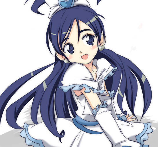ixy, cure white, yukishiro honoka, futari wa precure, precure, 00s, 1girl, black eyes, black hair, bow, earrings, female focus, frills, hair bow, half updo, jewelry, long hair, skirt, smile, solo, white background, white skirt