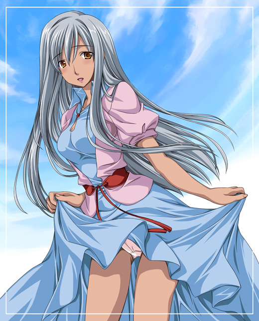 inase shin'ya, villetta nu, code geass, 00s, 1girl, clothes lift, dark-skinned female, dark skin, female focus, lifting own clothes, panties, pantyshot, skirt, skirt lift, smile, solo, underwear, white panties