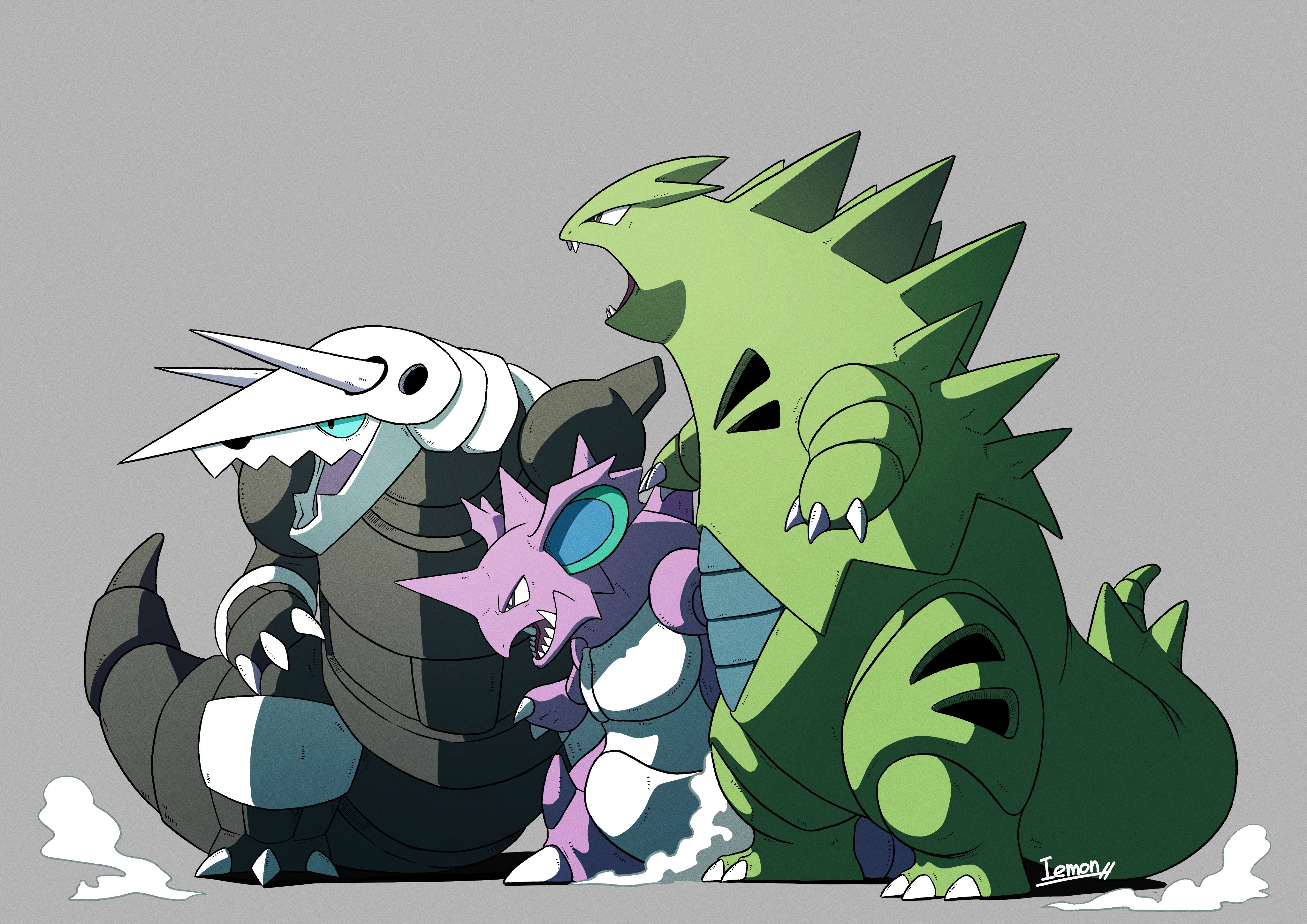 aggron, nidoking, tyranitar, nintendo, pokemon, absurdres, highres, blue eyes, blue sclera, claws, colored sclera, fangs, full body, gen 1 pokemon, gen 2 pokemon, gen 3 pokemon, horns, iemon0248, no humans, open mouth, pokemon (creature), pokemon focus, simple background, single horn, tail, teeth