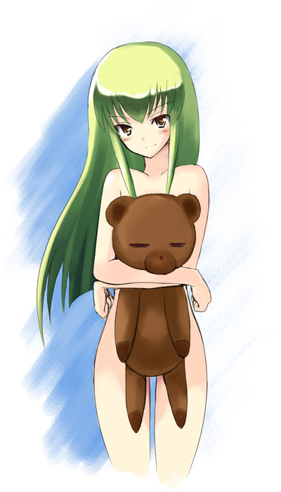 shima-shuu, c.c., code geass, 00s, 1girl, female focus, nude, solo, stuffed animal, stuffed toy, teddy bear