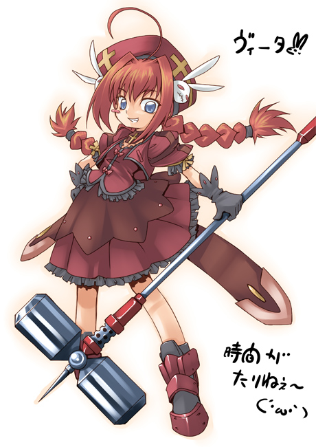 aize, graf eisen, vita (nanoha), lyrical nanoha, mahou shoujo lyrical nanoha, mahou shoujo lyrical nanoha a's, 00s, 1girl, ahoge, blue eyes, braid, female focus, gloves, hat, long hair, red hair, solo, twin braids