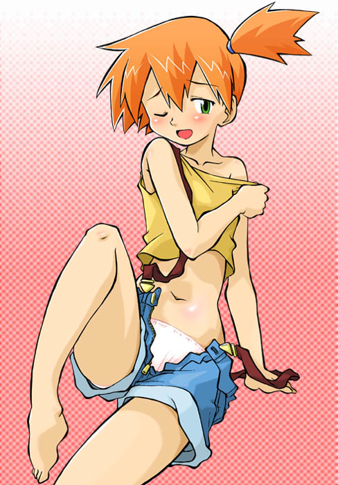 izumi masashi, misty (pokemon), nintendo, pokemon, pokemon (anime), pokemon (classic anime), 1girl, barefoot, blush, checkered background, feet, female focus, green eyes, midriff, one eye closed, orange hair, panties, pantyshot, ponytail, shorts, side ponytail, sitting, solo, suspenders, toes, underwear, undressing, unzipped, wink