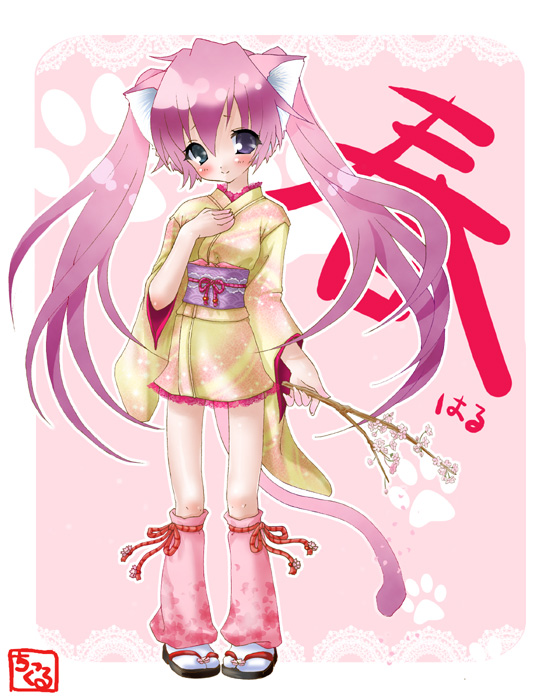 chikkuru, original, translation request, 1girl, animal ears, artist name, blue eyes, blush, cat ears, cat girl, cat tail, cherry blossoms, female focus, gradient hair, heterochromia, japanese clothes, kimono, leg warmers, long hair, looking at viewer, multicolored hair, obi, paw print, pink hair, purple eyes, sandals, sash, short kimono, simple background, socks, solo, tail, twintails, very long hair
