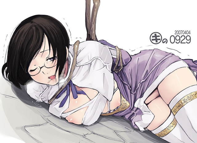 kei jiei, mio (blue dragon), blue dragon, blue dragon ral omega grad, 00s, 1girl, blue dragon ralu03c9grado, breasts, female focus, glasses, nipples, no panties, solo, thighhighs, torn clothes, white thighhighs