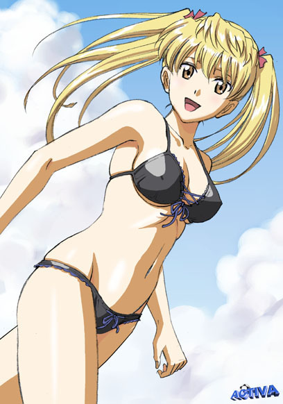 moriya naoki, sawachika eri, school rumble, long image, tall image, 00s, 1girl, :d, armpits, artist name, bare shoulders, beach, bikini, black bikini, blonde hair, blue sky, blush, breasts, cleavage, cloud, collarbone, cowboy shot, day, dutch angle, female focus, fingernails, front-tie top, groin, hair between eyes, hair ribbon, hip focus, long hair, looking at viewer, navel, open mouth, outdoors, red ribbon, ribbon, shiny skin, sky, smile, solo, standing, stomach, summer, swimsuit, thighs, twintails, walking, watermark, yellow eyes
