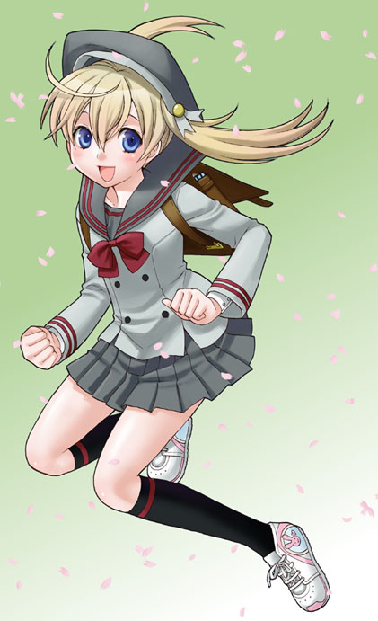 mattaku mousuke, original, full body, hat, kneehighs, legs, school uniform, serafuku, skirt, socks, solo, twintails