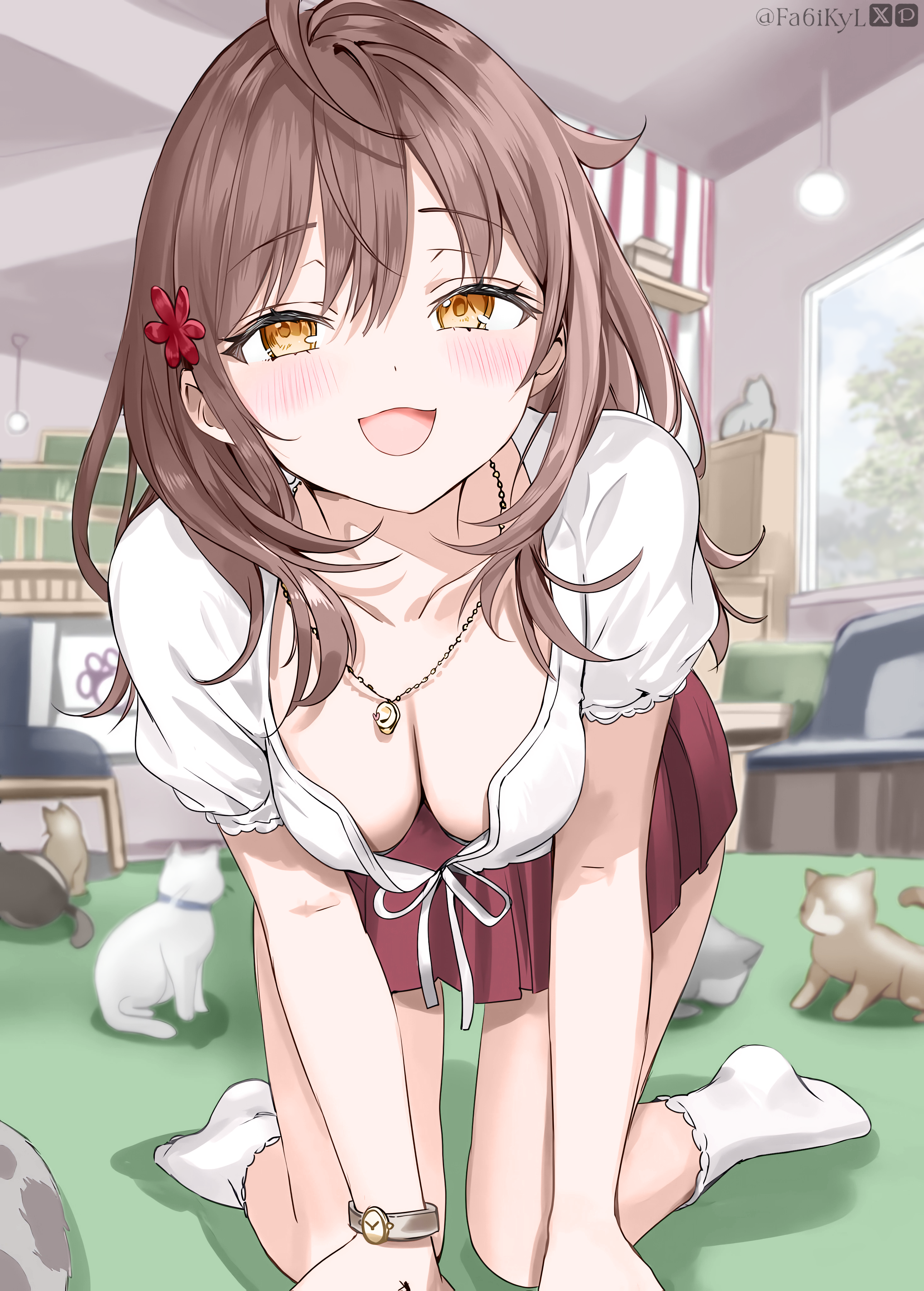 momoko (momopoco), mariya mikhailovna kujou, tokidoki bosotto roshia-go de dereru tonari no alya-san, absurdres, colorized, highres, novel illustration, official art, 1girl, blush, breasts, brown eyes, brown hair, cat, cleavage, collarbone, dot nose, female focus, flower, flower on head, hair flower, hair ornament, indoors, kneeling, large breasts, looking at viewer, miniskirt, necktie, no bra, open mouth, pleated skirt, red flower, red skirt, shirt, short sleeves, skirt, smile, socks, solo, solo focus, watch, white shirt, white socks