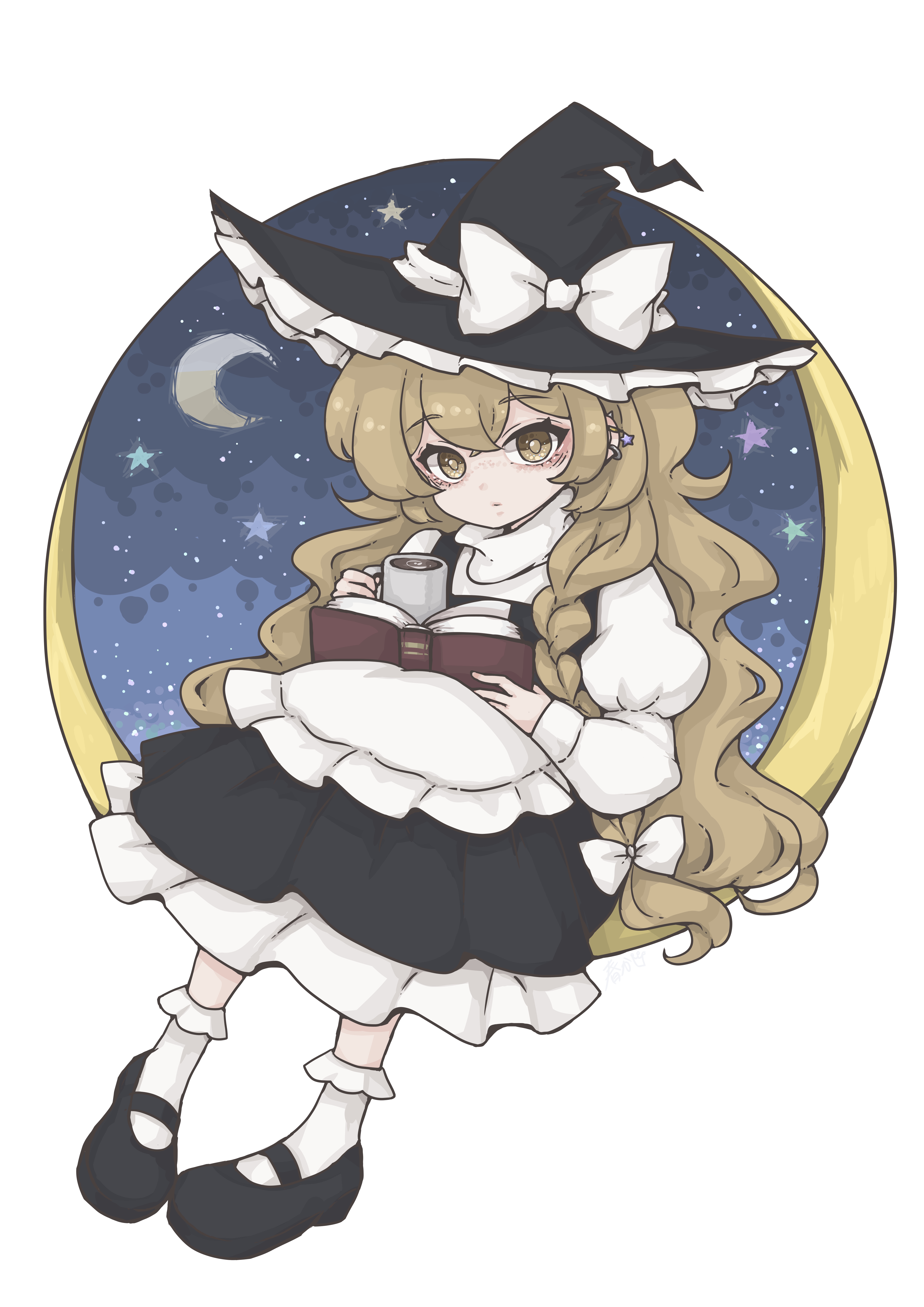 harukairo, kirisame marisa, touhou, absurdres, commentary request, highres, partial commentary, 1girl, apron, black hat, black shoes, black skirt, blonde hair, book, bow, braided sidelock, crossed bangs, cup, ear piercing, frilled apron, frilled hat, frilled skirt, frilled socks, frills, full body, hair bow, hat, hat bow, holding, holding book, holding cup, looking at viewer, mary janes, night, night sky, open book, piercing, shoes, skirt, sky, socks, solo, star (sky), starry sky, white apron, white bow, white socks, witch hat, yellow eyes