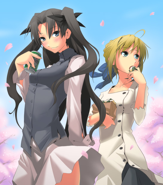nilitsu, artoria pendragon (fate), saber (fate), tohsaka rin, fate/stay night, fate (series), 00s, 2girls, alcohol, alternate costume, beer, multiple girls, turtleneck