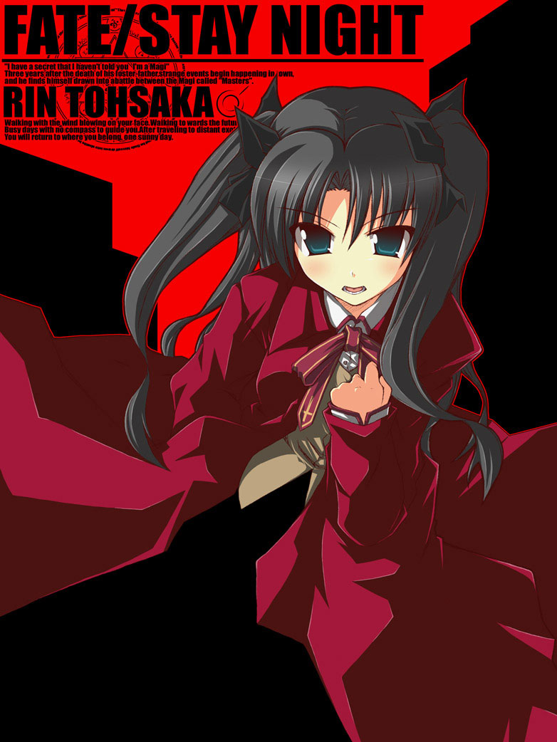 crazy developers, tohsaka rin, fate/stay night, fate (series), 00s, 1girl, black bow, black hair, blouse, bow, clenched hand, coat, collar, cross, english text, female focus, green eyes, long hair, looking at viewer, open mouth, red bow, red coat, shirt, solo, teeth, turtleneck, white collar