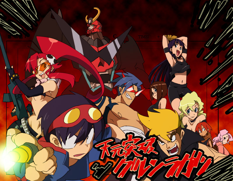 anagoya, darry adai, gimmy adai, gurren-lagann, kamina (ttgl), kinon bachika, kittan bachika, kiyal bachika, kiyoh bachika, simon (ttgl), yoko littner, tengen toppa gurren lagann, 00s, 4boys, 5girls, asymmetrical gloves, copyright name, gloves, logo, multiple boys, multiple girls, thighhighs, uneven gloves