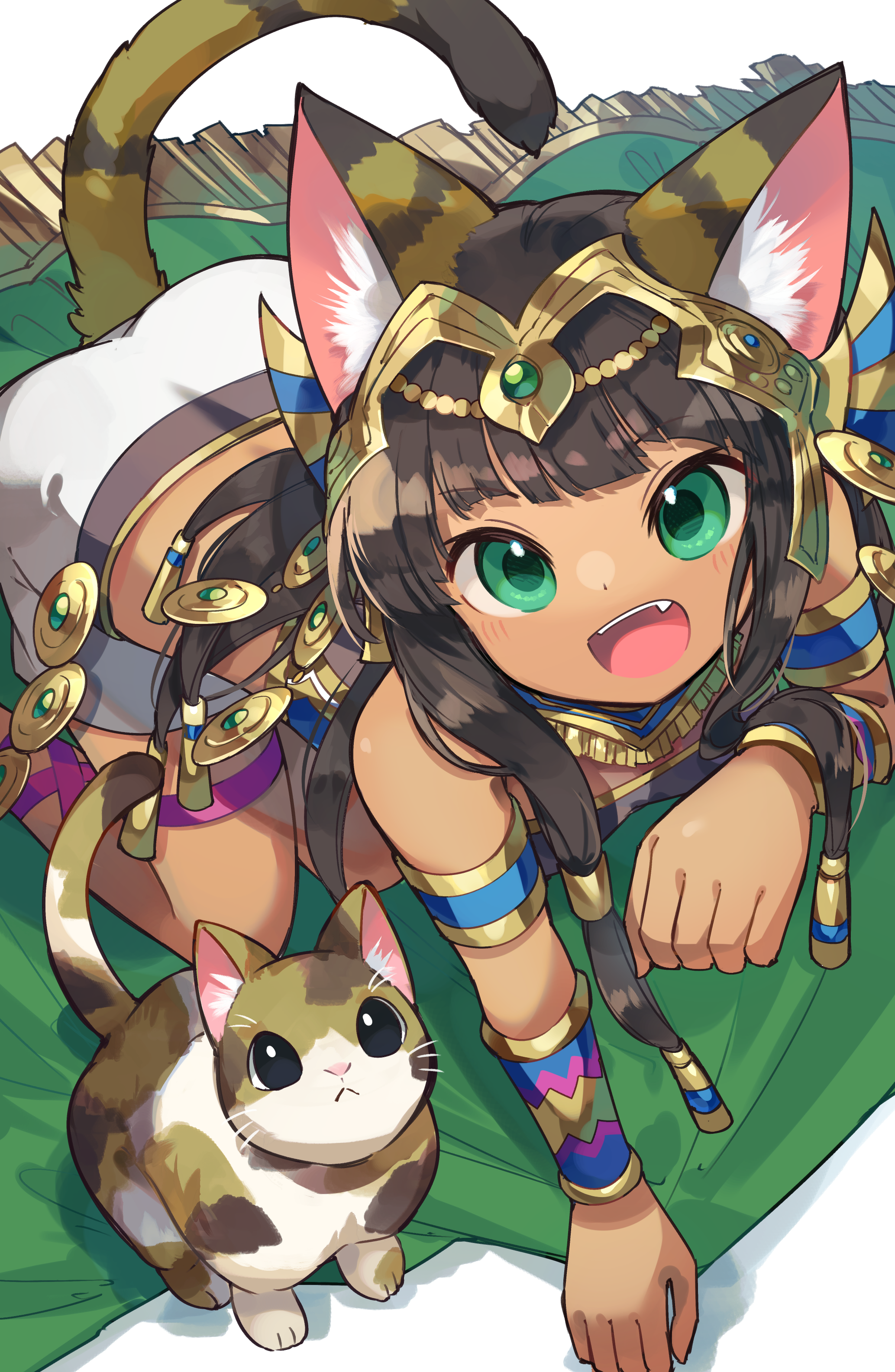 kuuron (moesann17), bastet (p&d), puzzle & dragons, absurdres, commentary request, highres, 1girl, all fours, ancient egyptian, animal ears, cat, cat ears, cat girl, cat tail, dark-skinned female, dark skin, fang, gold, green eyes, jewelry, long hair, looking at viewer, open mouth, tail
