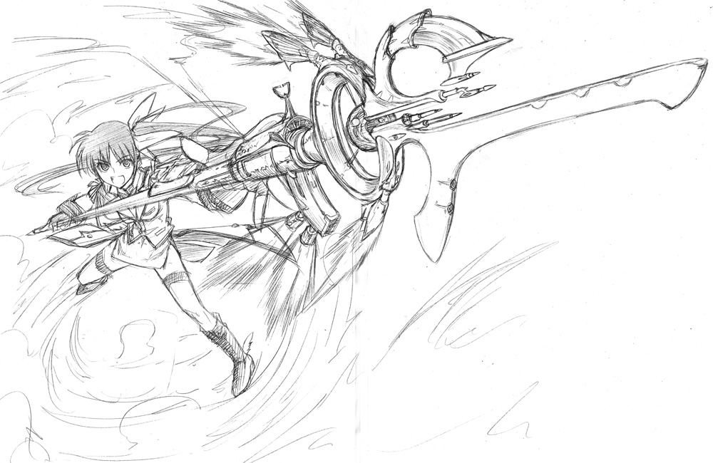 himura kiseki, raising heart, takamachi nanoha, lyrical nanoha, mahou shoujo lyrical nanoha, mahou shoujo lyrical nanoha strikers, 00s, 1girl, alternate weapon, energy wings, female focus, fingerless gloves, gloves, greyscale, grin, happy, magazine (weapon), magical girl, monochrome, sketch, smile, solo, twintails, waist cape, weapon, white devil