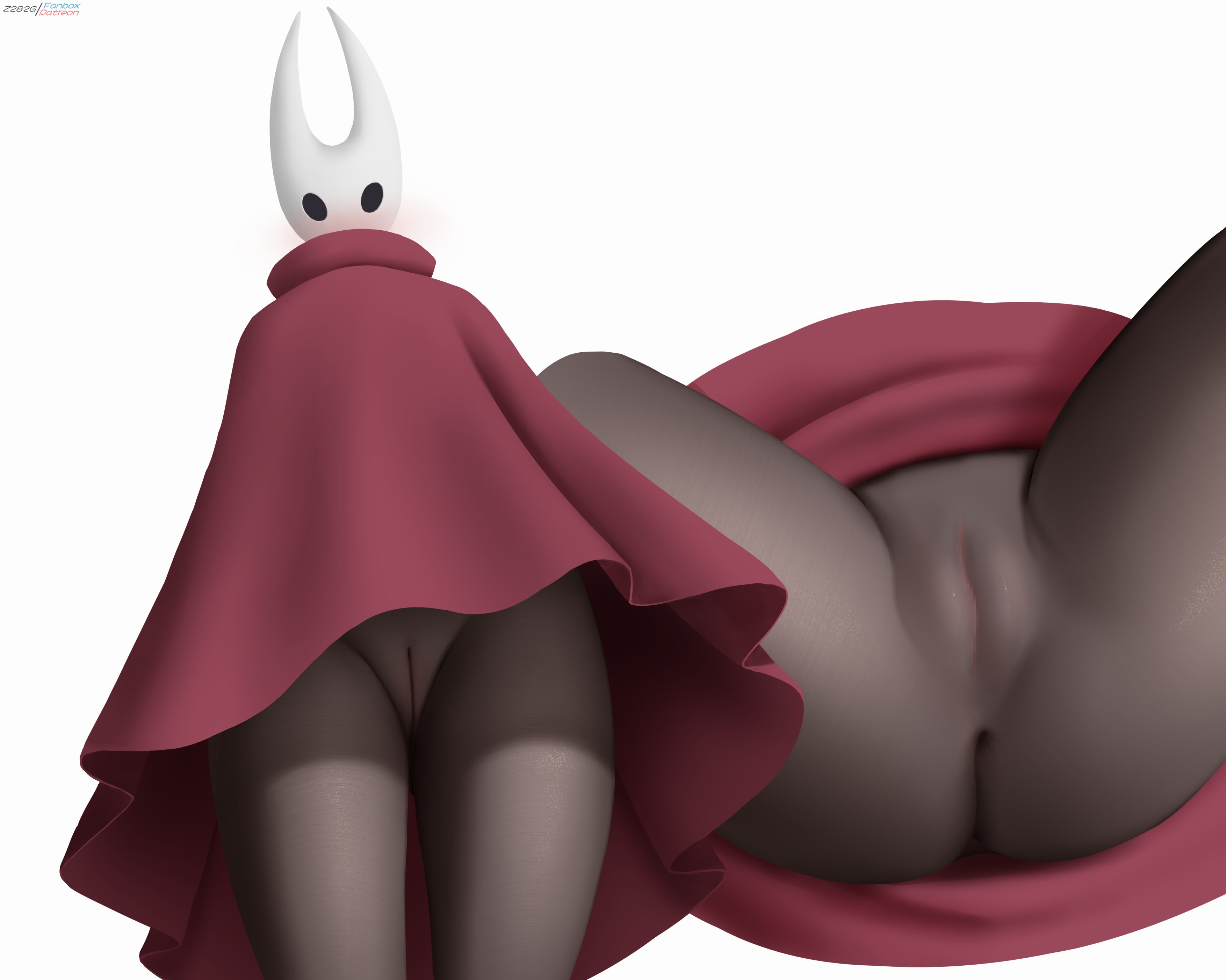 z282g, hornet (hollow knight), hollow knight, absurdres, highres, 1girl, black pantyhose, censored, cleft of venus, cloak, from below, hollow eyes, horned mask, mask, mosaic censoring, multiple views, no panties, pantyhose, pussy, red cloak, simple background, white background