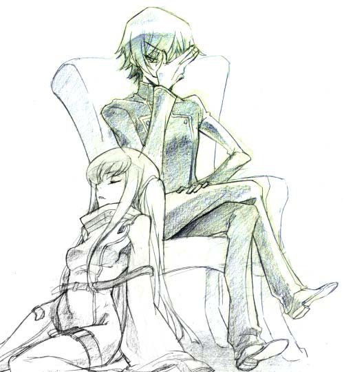 hisaki yukari, c.c., lelouch vi britannia, code geass, 00s, 1boy, 1girl, chair, closed eyes, crossed legs, facepalm, full body, long hair, long sleeves, military, military uniform, robe, school uniform, sidelocks, simple background, sitting, sleeping, sleeping upright
