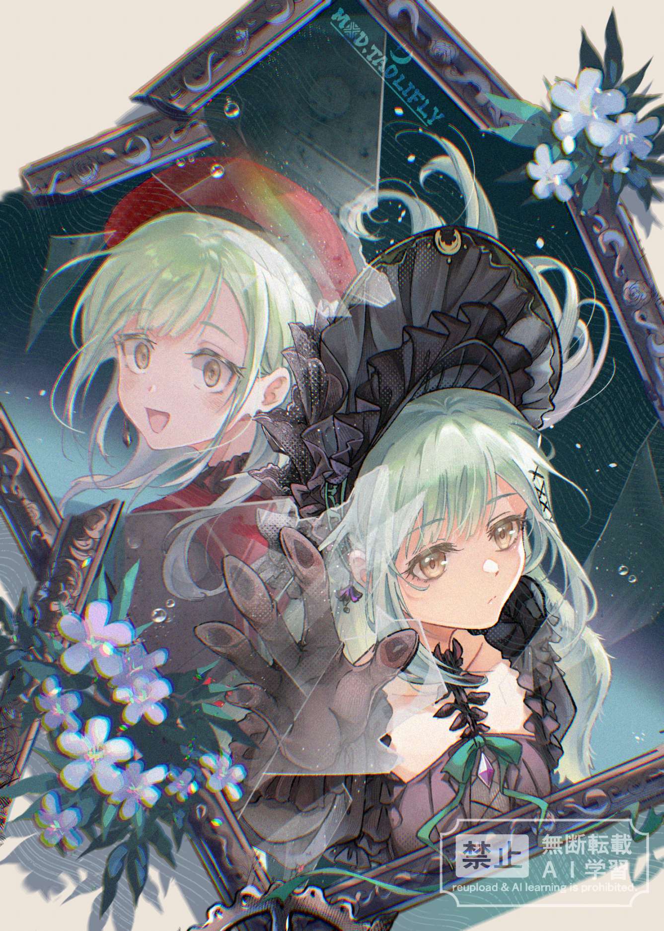 mxd taolifly, mortis (bang dream!), mortis (costume) (bang dream!), mortis (persona) (bang dream!), wakaba mutsumi, wakaba mutsumi (marionette's id), arknights, bang dream!, bang dream! it's mygo!!!!!, chinese commentary, commentary request, highres, 2girls, animal ears, back-to-back, beret, black bonnet, black dress, black gloves, bonnet, broken mirror, chromatic aberration, closed mouth, constricted pupils, crazy smile, dress, dual persona, floppy ears, flower, gloves, gothic lolita, green hair, green ribbon, hair ornament, hat, lolita fashion, long hair, looking at viewer, looking back, mirror, multiple girls, open mouth, rabbit ears, red hat, ribbon, sidelocks, smile, white flower, x hair ornament, yellow eyes