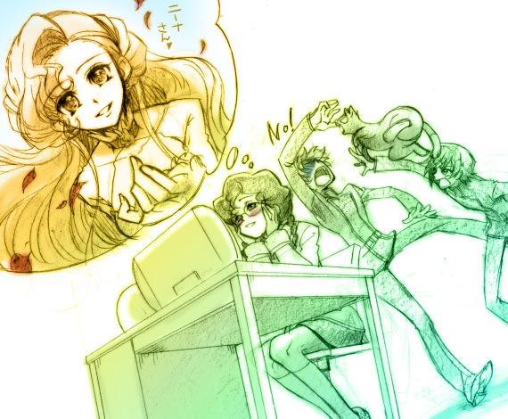 hisaki yukari, arthur, arthur (code geass), euphemia li britannia, kururugi suzaku, lelouch vi britannia, nina einstein, code geass, 00s, 2boys, 2girls, blush, braid, cat, chair, computer, desk, kneehighs, multiple boys, multiple girls, school uniform, serafuku, sitting, smile, socks, table, twin braids, yuri