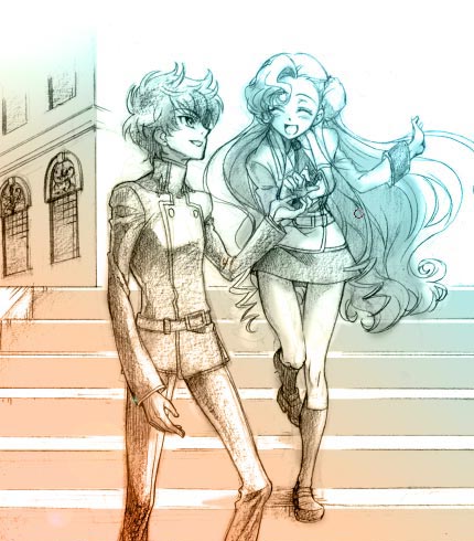 hisaki yukari, euphemia li britannia, kururugi suzaku, code geass, lowres, 00s, 1boy, 1girl, alternate costume, closed eyes, donut hair bun, hair bun, jacket, kneehighs, loafers, long hair, monochrome, necktie, open mouth, pencil skirt, school uniform, shoes, short hair, skirt, smile, socks, stairs